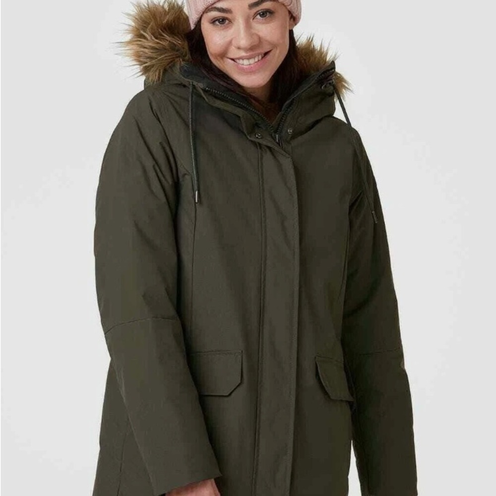 Women’s Hooded Parka Coat in Pelican Green with Faux-Fur Trim